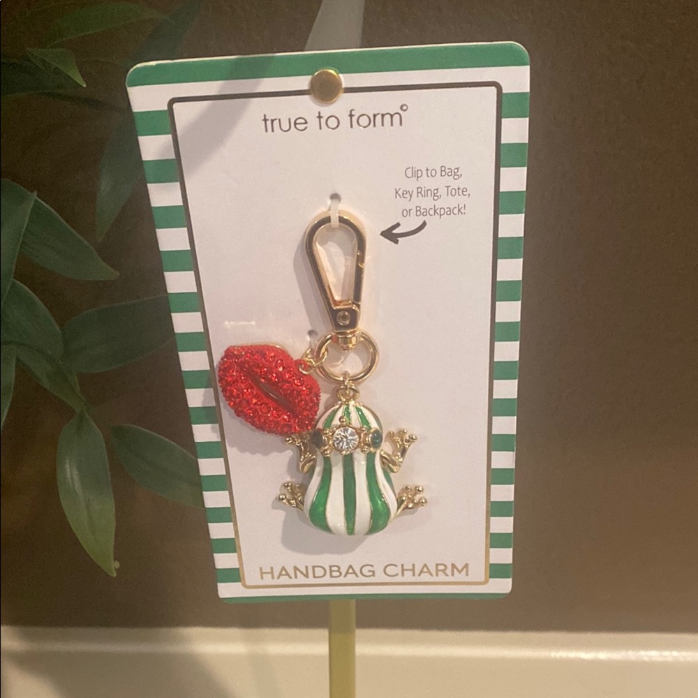 true to form Green & White Striped Frog Handbag Charm with Red Lip Accent